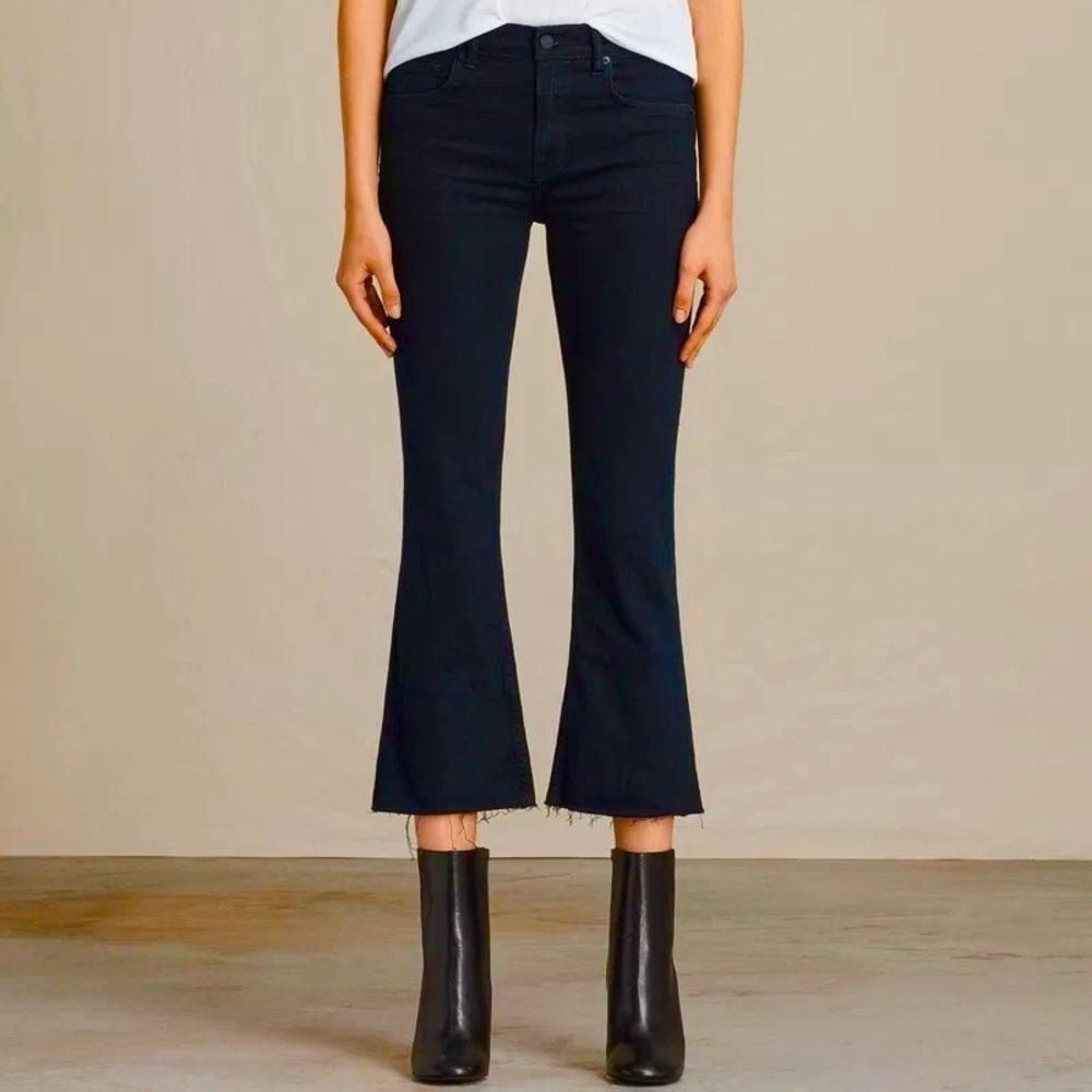 AllSaints 25 Heidi Cropped Flare Women’s Jeans Dark Indigo Blue Raw Hem Stretch